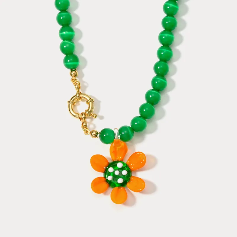Daisy Flower Cat Eye Stone Beaded Necklace sold by Selenichast
