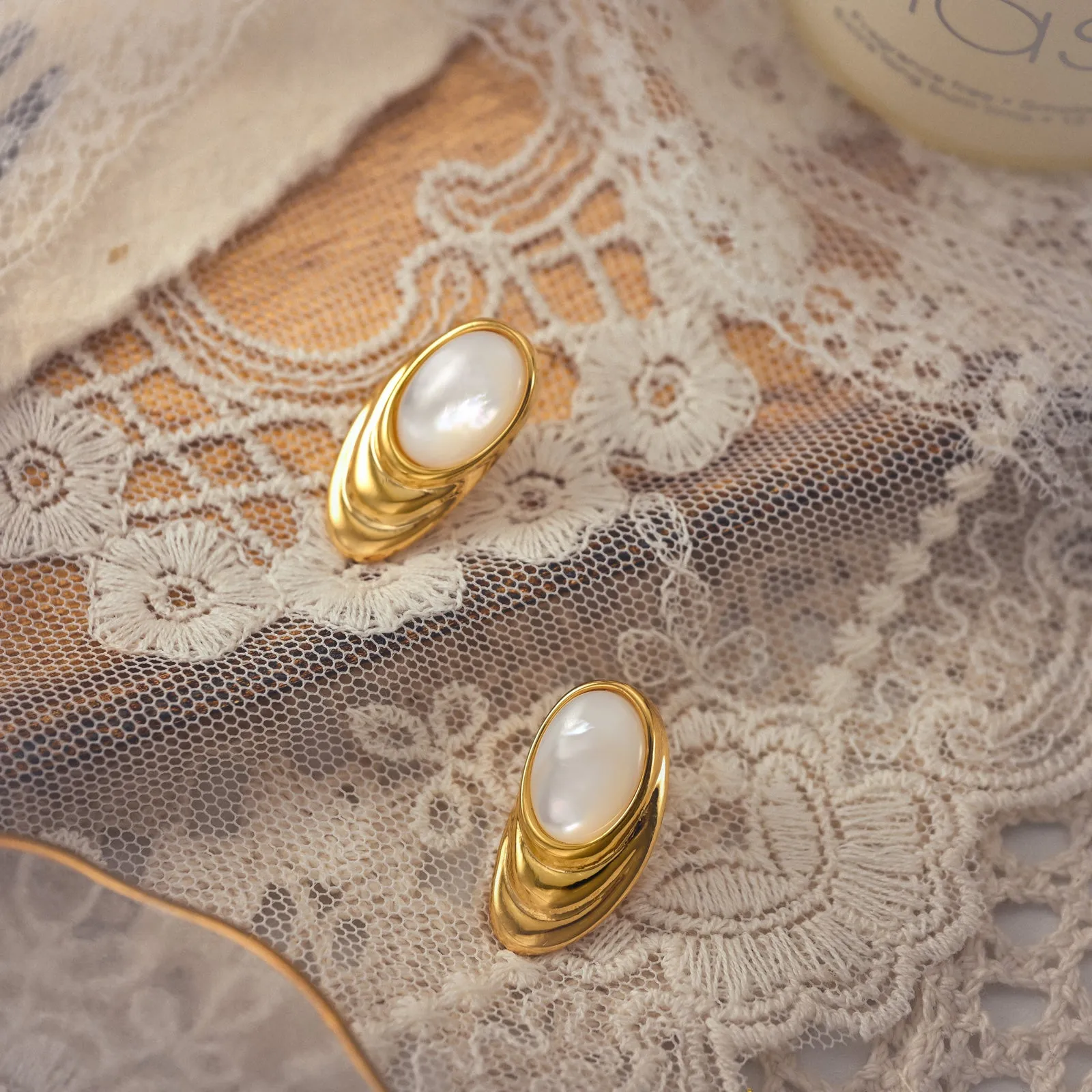 Oval Dome Cabochon Gold Pearl Earrings sold by Selenichast product image thumbnail 3
