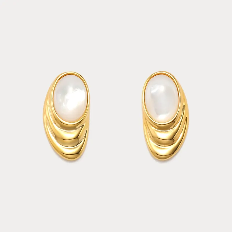 Oval Dome Cabochon Gold Pearl Earrings sold by Selenichast