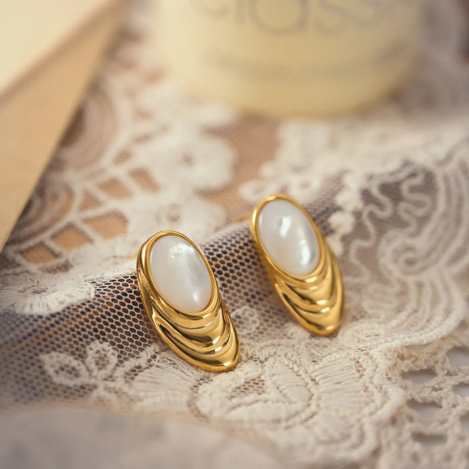 Oval Dome Cabochon Gold Pearl Earrings sold by Selenichast product image thumbnail 2