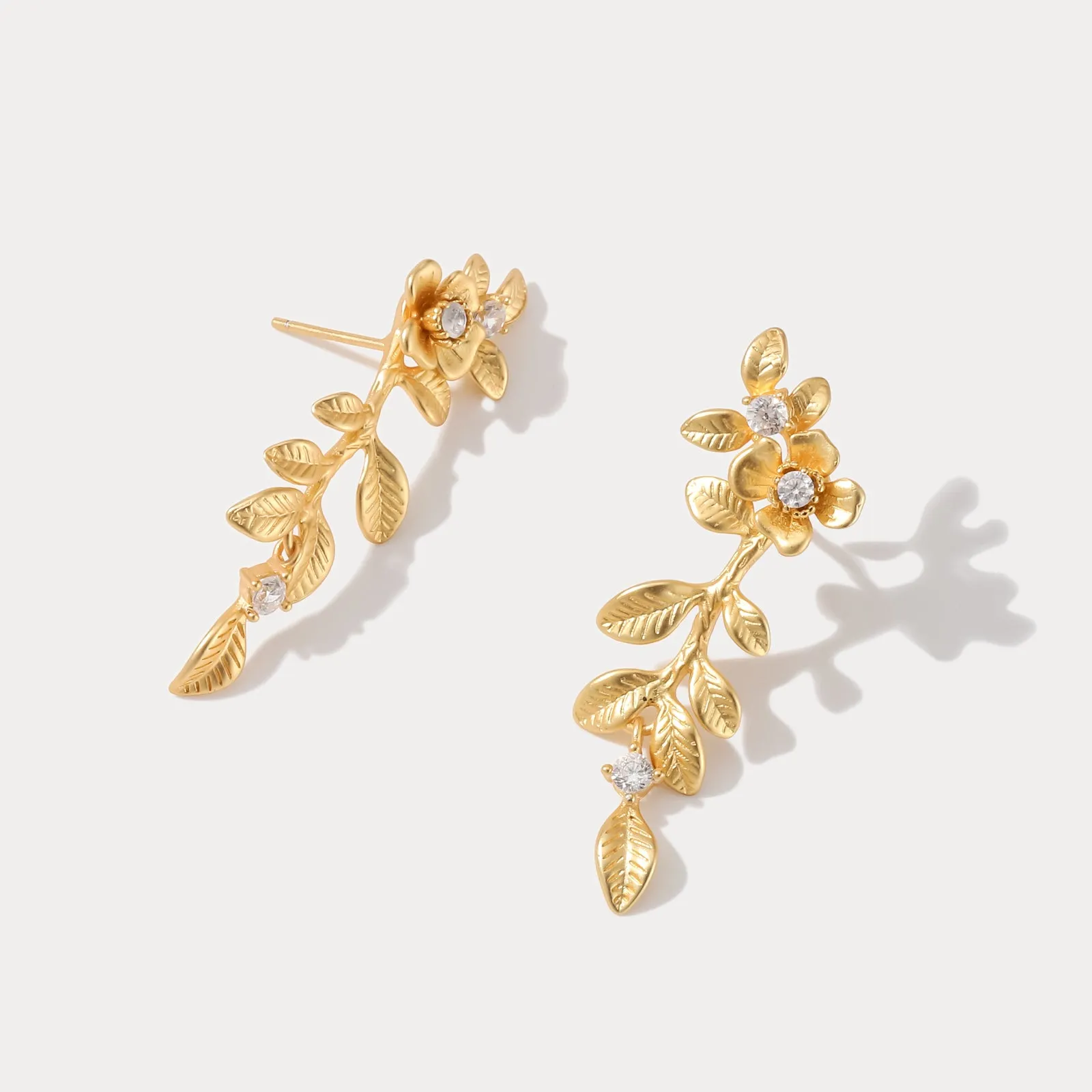 Gold Floral Leaf Drop Earrings sold by Selenichast product image thumbnail 3