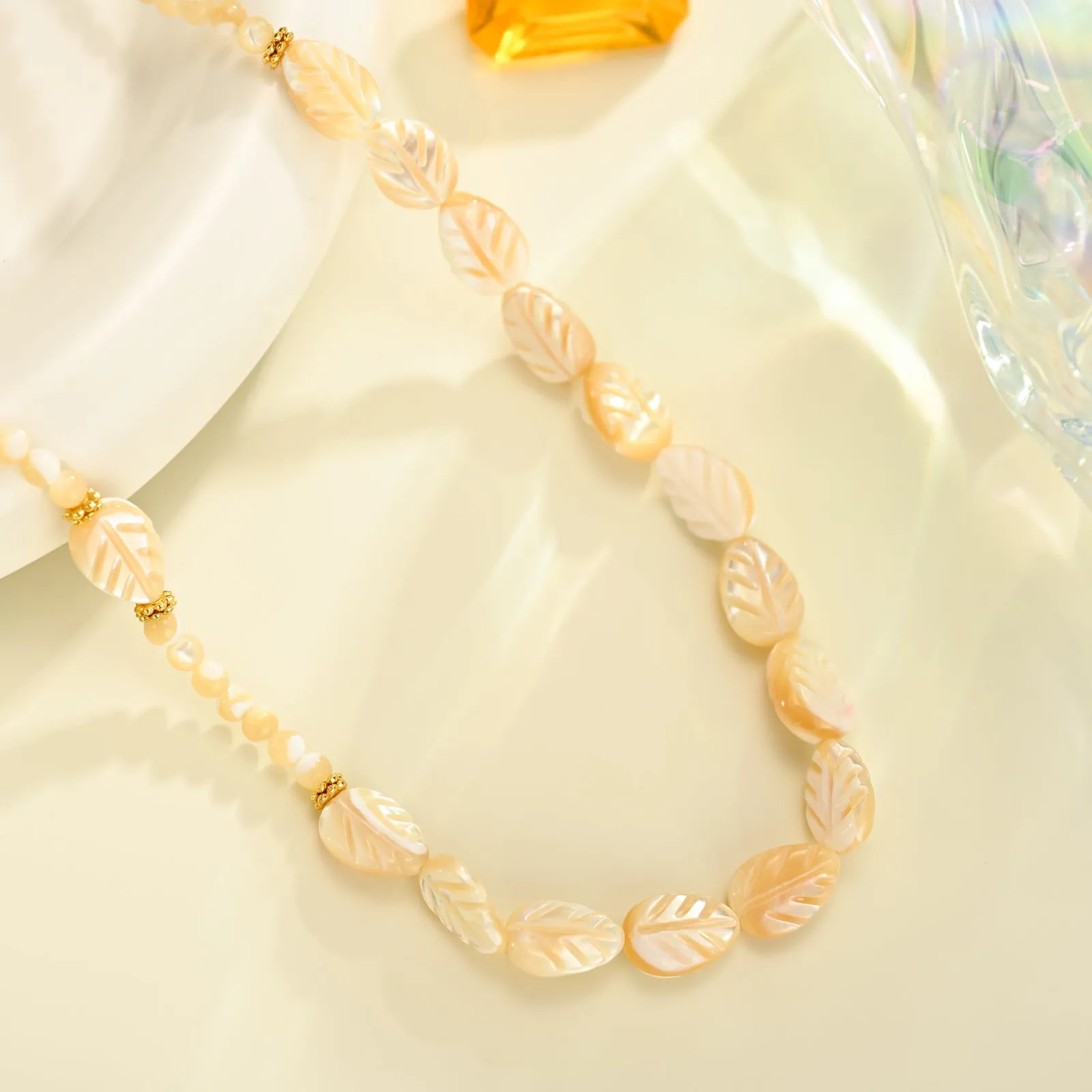 Carved Mother of Pearl Leaf Bead Necklace sold by Selenichast product image thumbnail 2