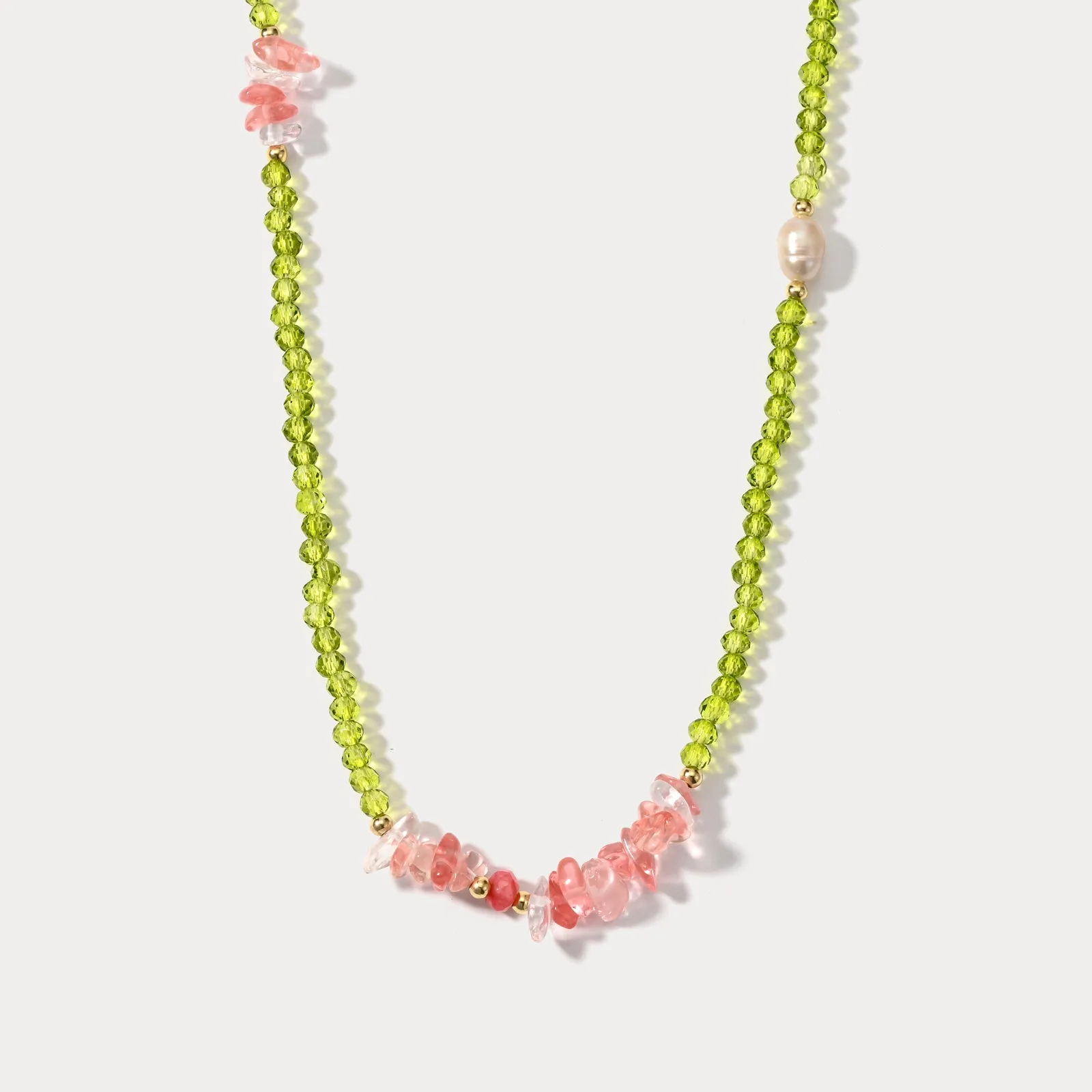 Rose Quartz and Peridot Beaded Necklace sold by Selenichast