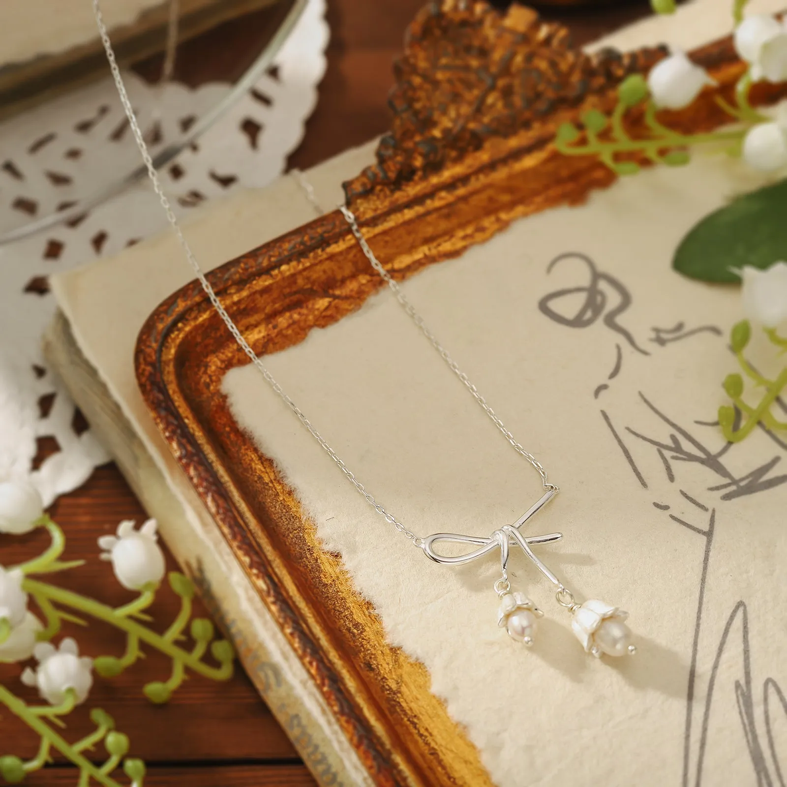 Silver Lily Of The Valley Bow Necklace sold by Selenichast product image thumbnail 3