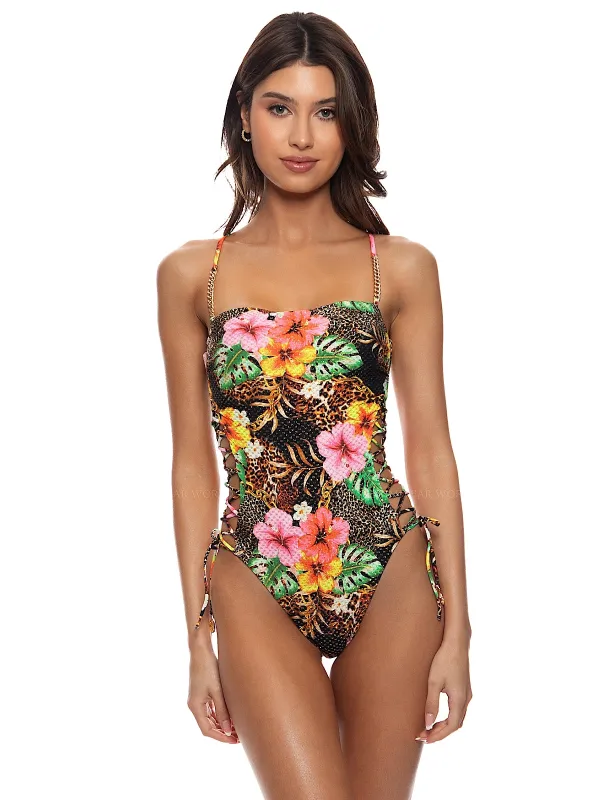 Chain Square Neck Laced Up One-Piece sold by SWORLD Inc