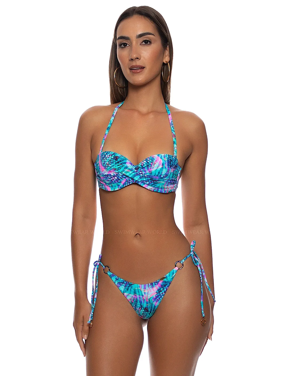 Underwire Push Up Bandeau-Ring Seamless Ruched Back Tie Side Bikini sold by SWORLD Inc