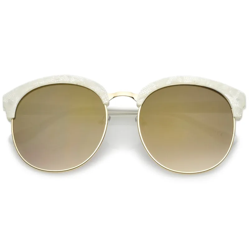 Oversize Metallic Lace Pattern Mirrored Lens Half Frame Sunglasses A548 sold by ZeroUV