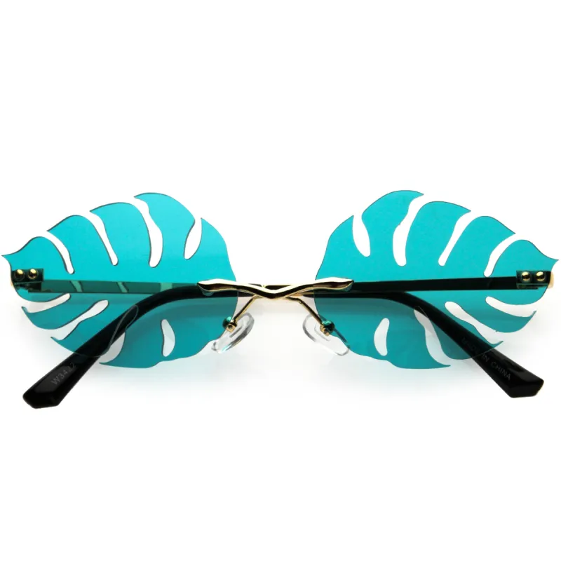 Tropical Palm Leaf Shape Cut-Out Rimless Color Tinted Leaves Sunglasses D075 sold by ZeroUV