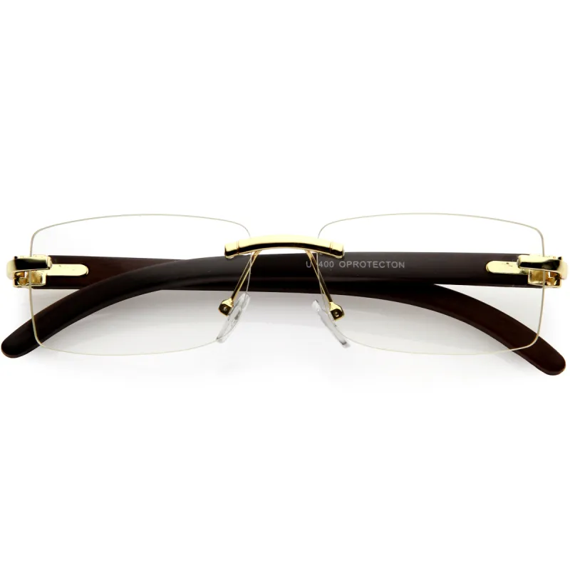 Dapper Rimless Metal Accent Classic Wood Arm Square Lens Blue Light Glasses D011 sold by ZeroUV
