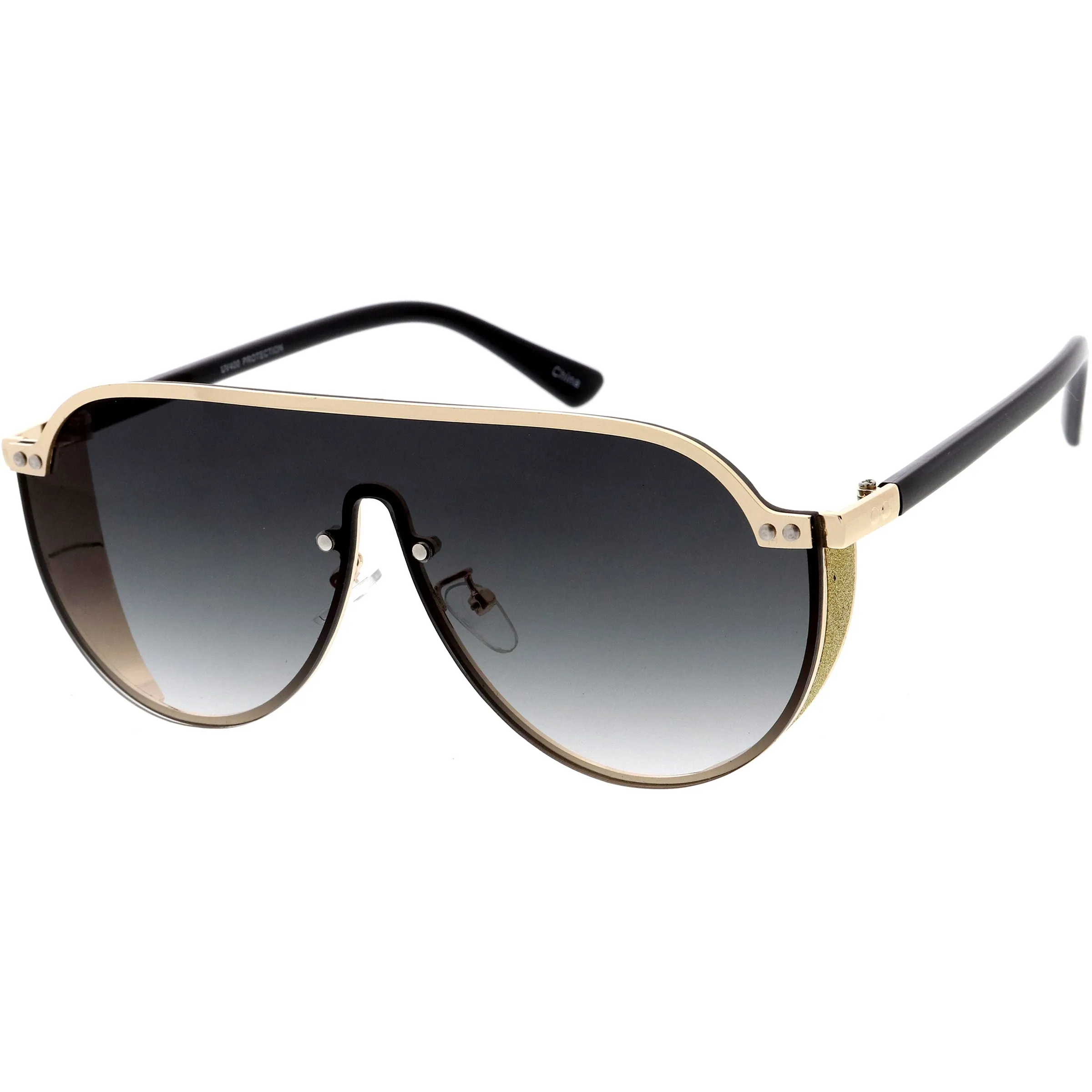 Glitter Side Cover Top Metal Accented Trim Full Rimless Shield Sunglasses D002 sold by ZeroUV product image thumbnail 2