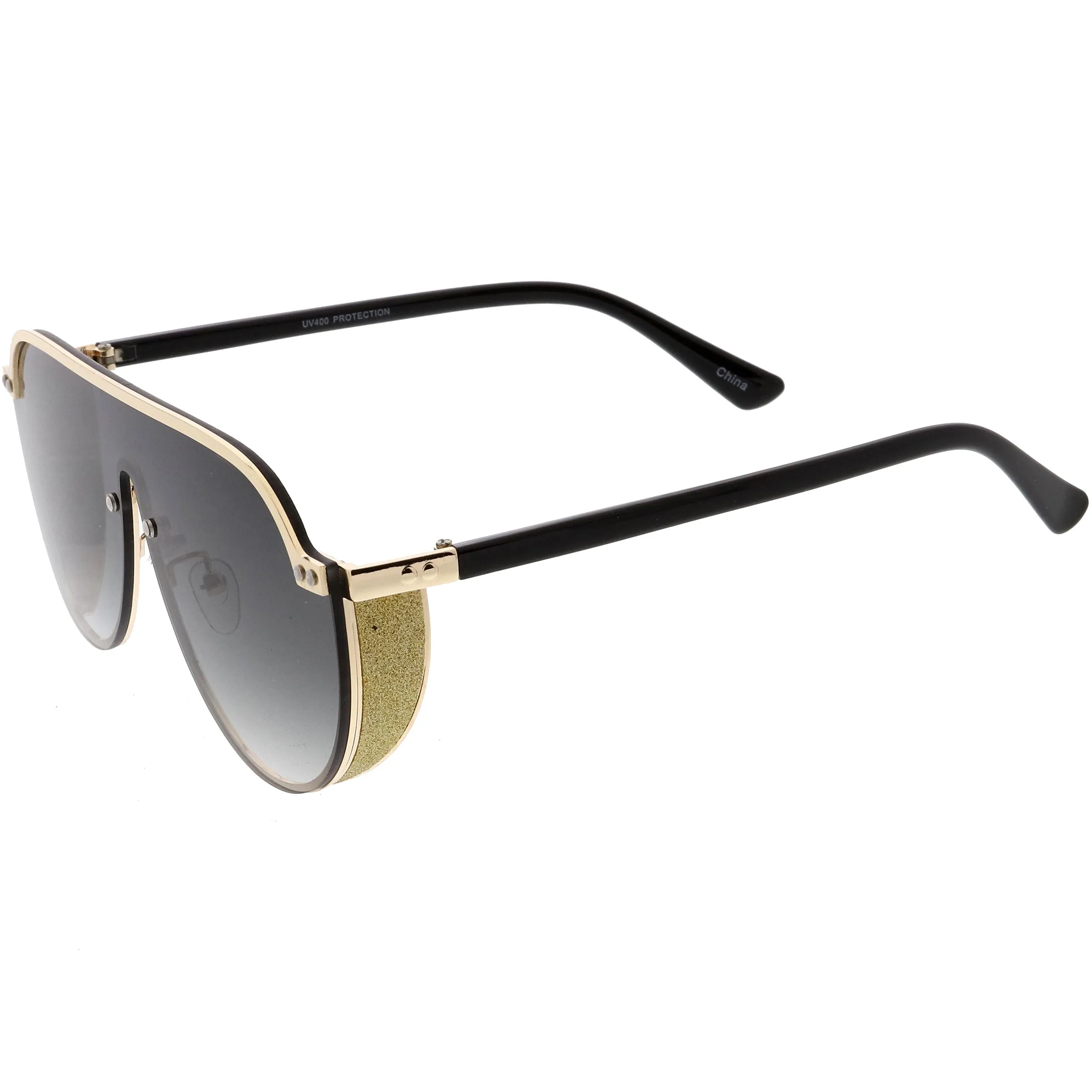 Glitter Side Cover Top Metal Accented Trim Full Rimless Shield Sunglasses D002 sold by ZeroUV product image thumbnail 3