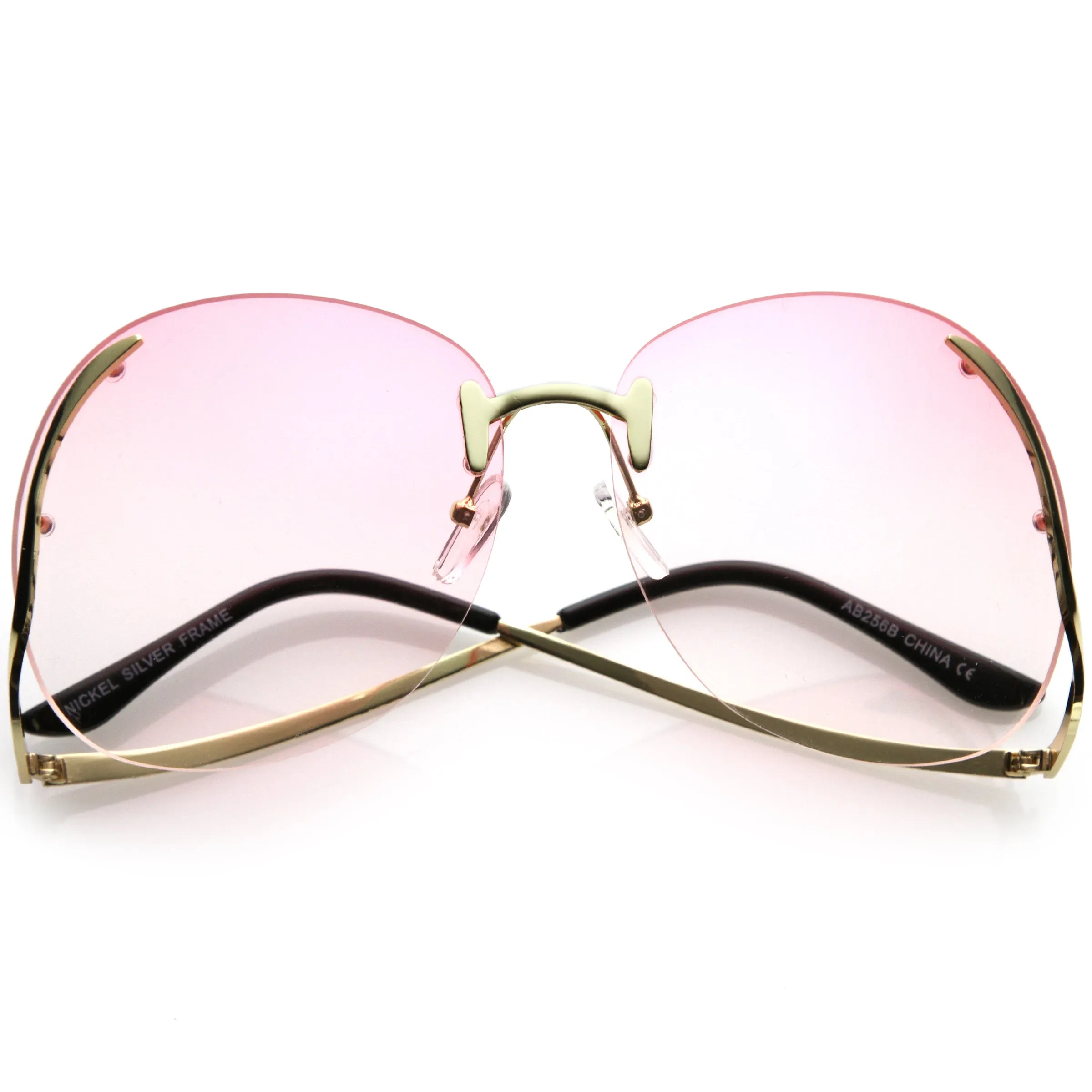 Rimless Curved Metal Arms Round Color Tinted Lens Oversize Sunglasses C428 sold by ZeroUV