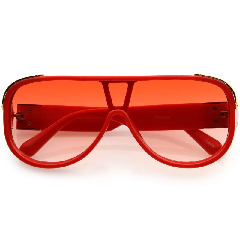 High Fashion Color Tinted Rounded Lens Flat Top Oversize Shield Sunglasses D100 sold by ZeroUV