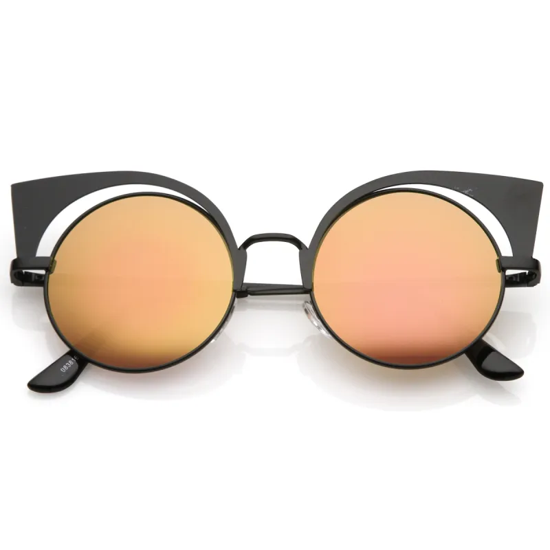 Women's Laser Cut Round Mirrored Lens Cat Eye Sunglasses C239 sold by ZeroUV