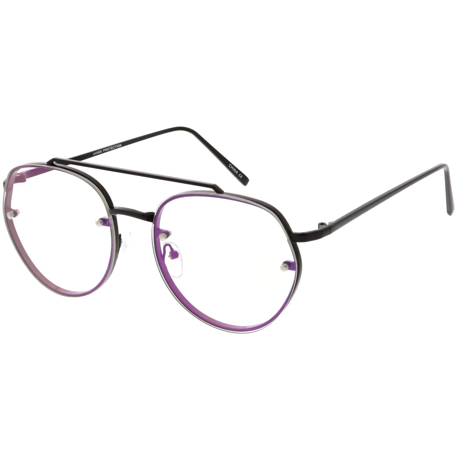 Retro Slim Brow Round Flat Clear Lens Aviator Glasses 59mm C450 sold by ZeroUV product image thumbnail 4