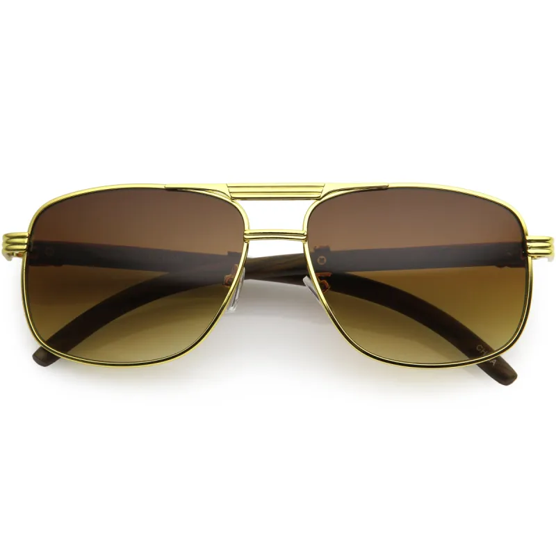 Metal Detailed Wood Arm Lifestyle Classic Square Aviator Sunglasses D189 sold by ZeroUV
