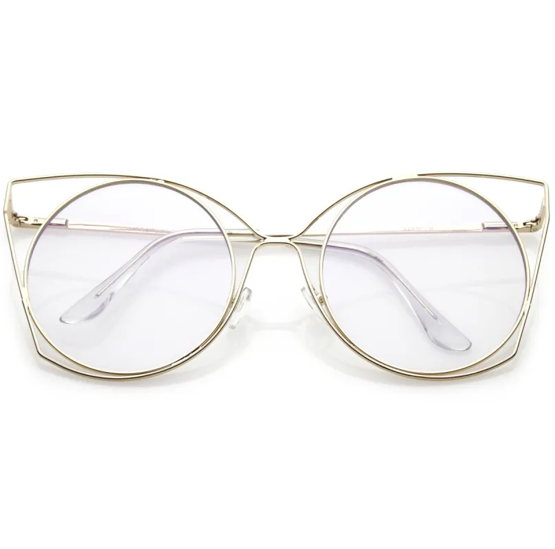 Women's Oversize Laser Cut Round Flat Clear Lens Cat Eye Glasses C347 sold by ZeroUV