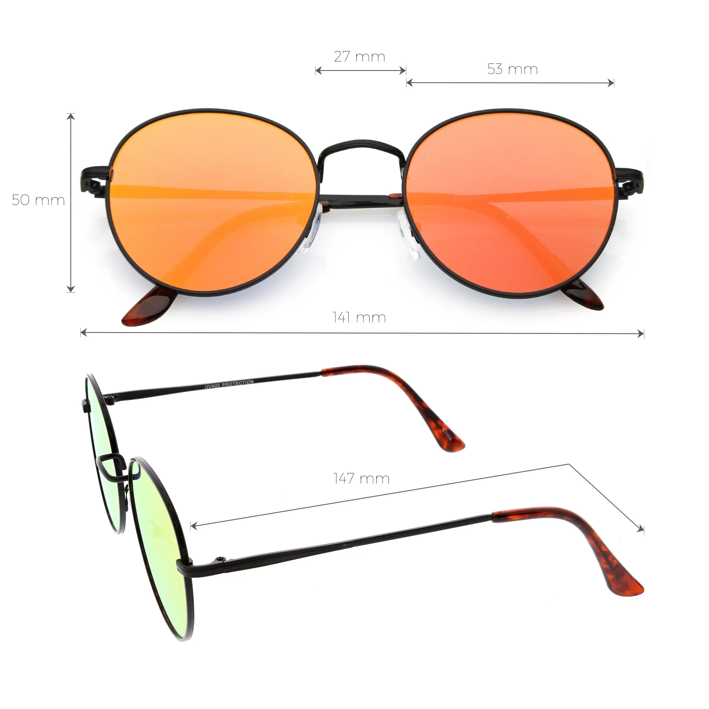 Retro Slim Metal Frame Mirrored Flat Lens Round Sunglasses C133 sold by ZeroUV product image thumbnail 5