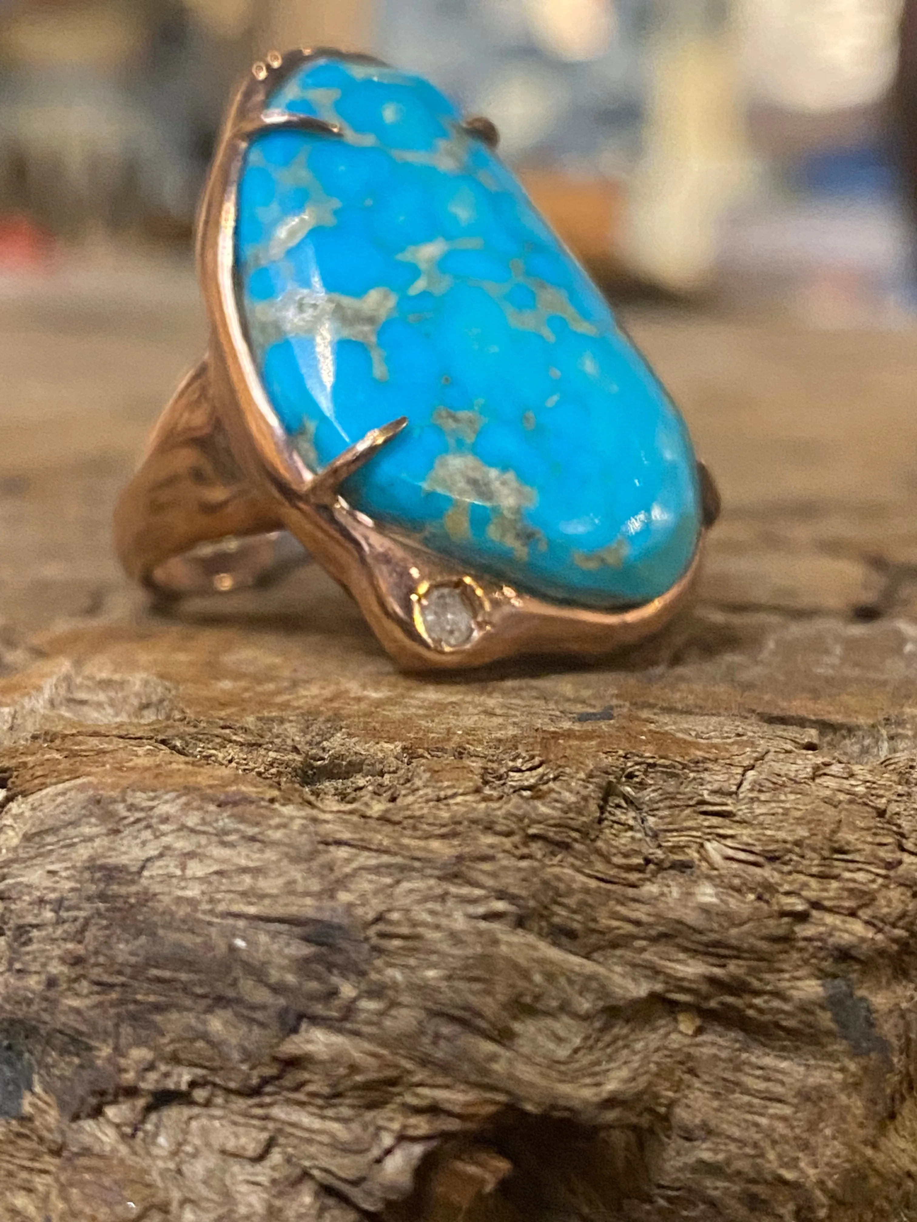 Kingman Turquoise Ring with Diamond Accent Sterling Silver with Rose Gold Plating sold by Cave and Post