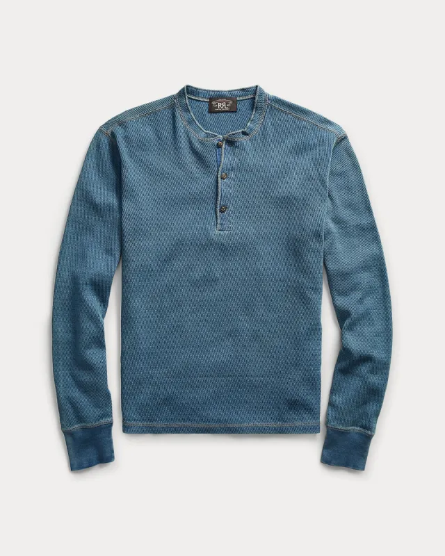 RRL Indigo Jacquard-Knit Henley sold by Cave and Post