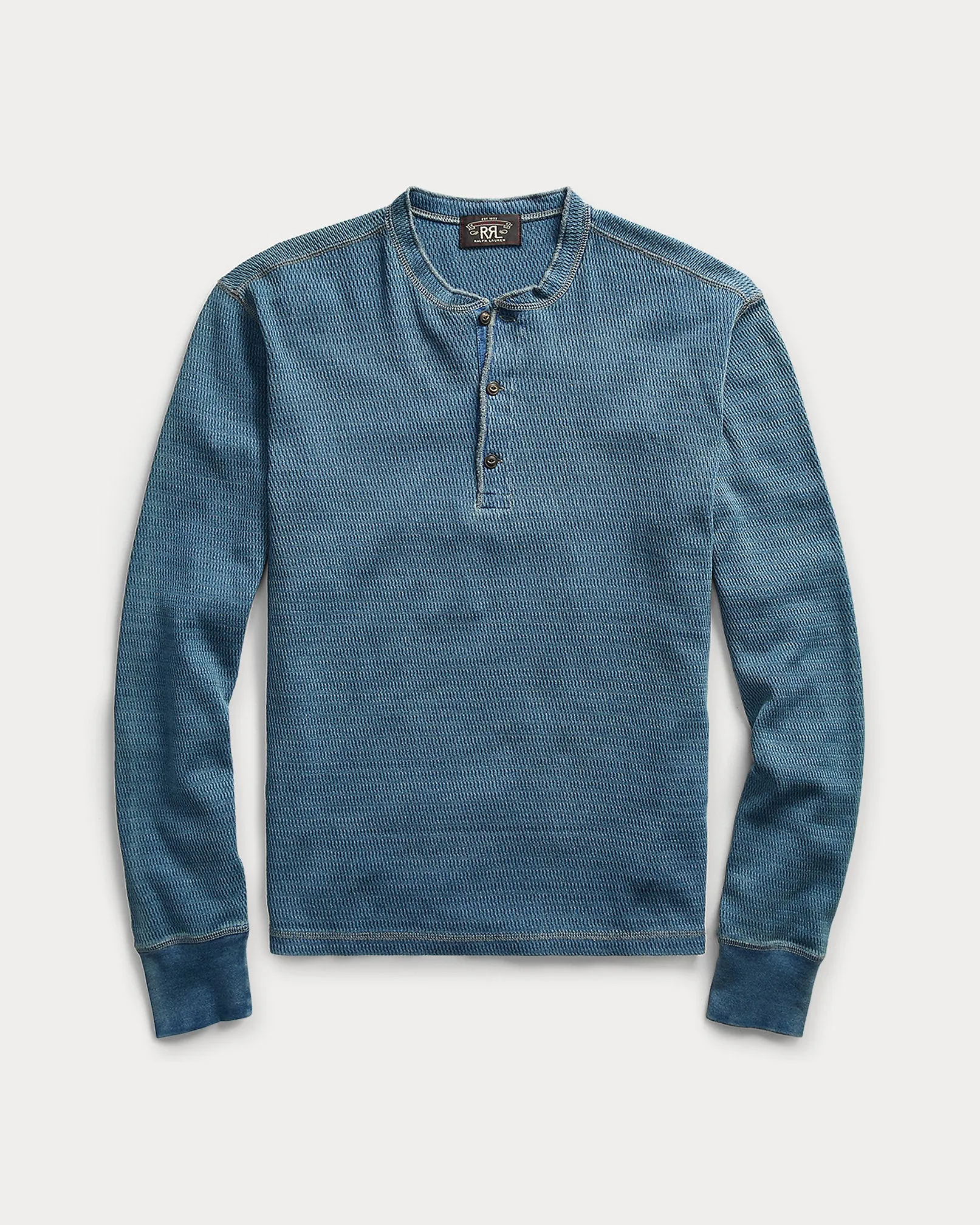RRL Indigo Jacquard-Knit Henley sold by Cave and Post