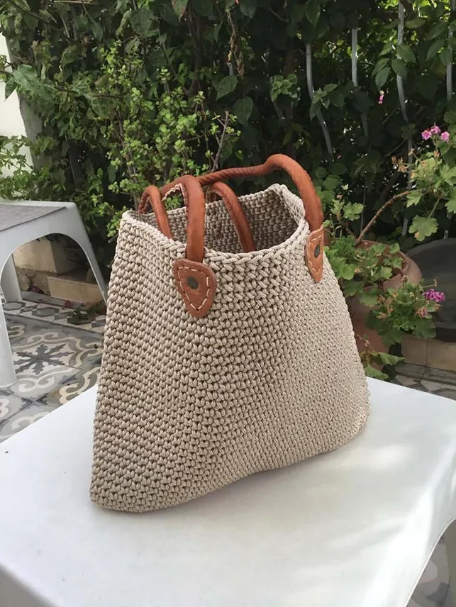 Rectangular Cotton Crochet Tote with Leather Handles sold by Cave and Post product image thumbnail 4