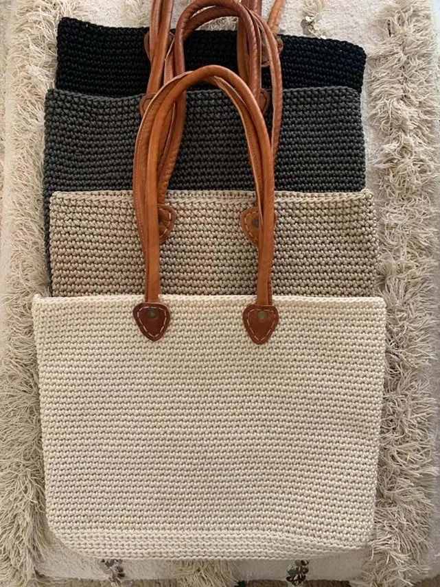Rectangular Cotton Crochet Tote with Leather Handles sold by Cave and Post product image thumbnail 2
