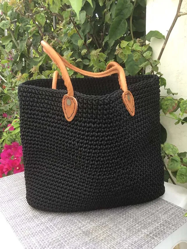 Rectangular Cotton Crochet Tote with Leather Handles sold by Cave and Post product image thumbnail 3