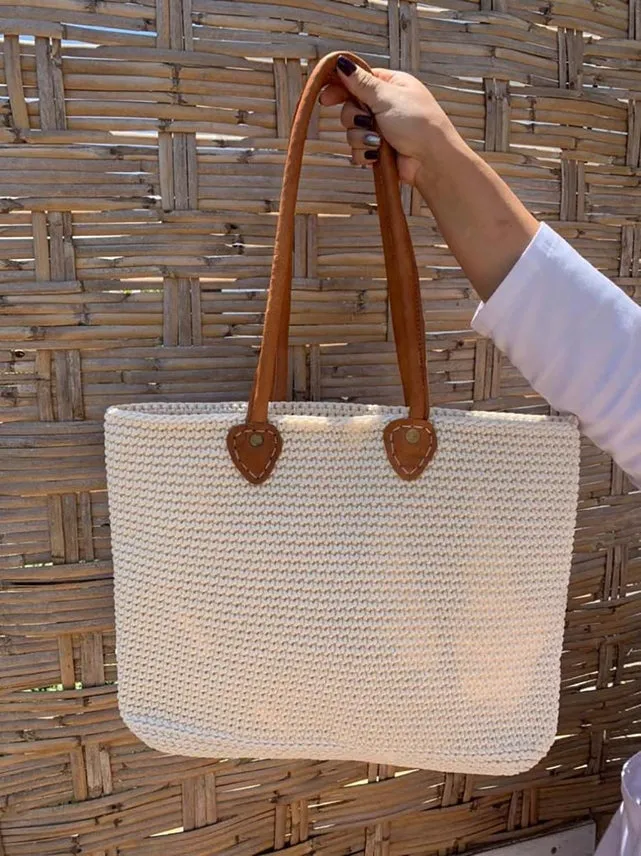 Rectangular Cotton Crochet Tote with Leather Handles sold by Cave and Post product image thumbnail 5