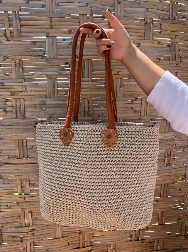 Rectangular Cotton Crochet Tote with Leather Handles sold by Cave and Post