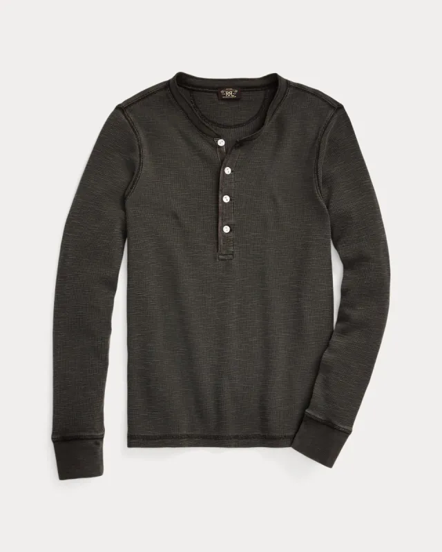 RRL Stretch Cotton Jacquard Waffle Henley - Faded Black - Women sold by Cave and Post