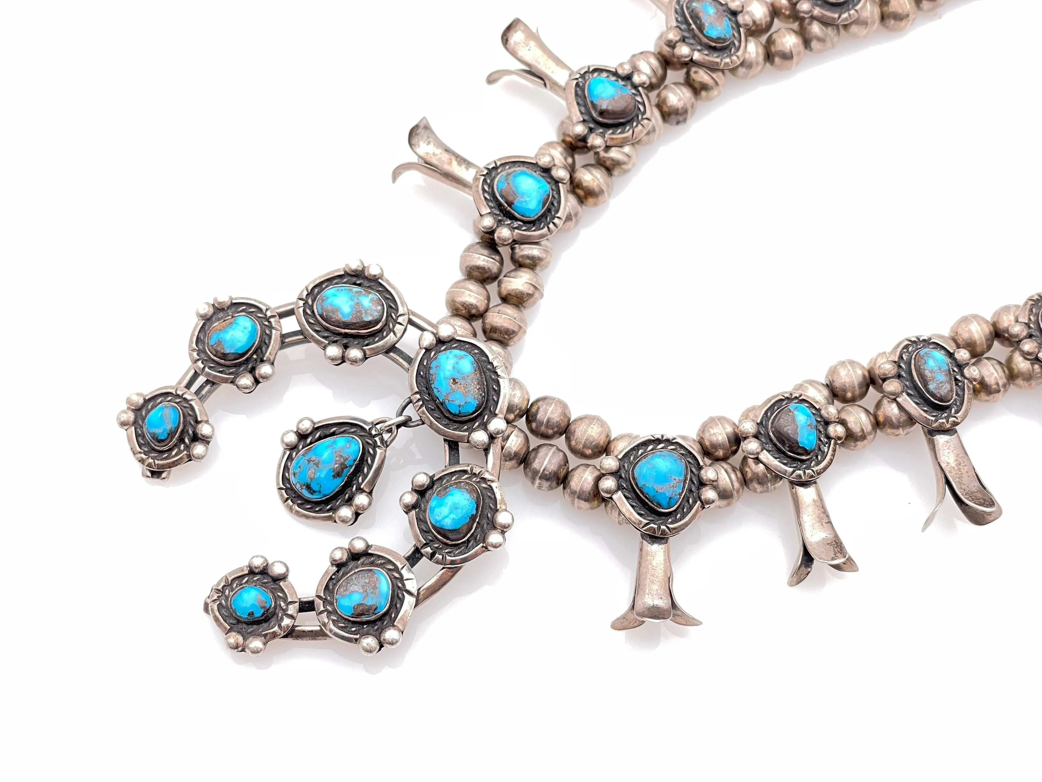 RARE! NATIVE AMERICAN STERLING SILVER BISBEE TURQUOISE SQUASH BLOSSOM NECKLACE sold by Cave and Post product image thumbnail 2