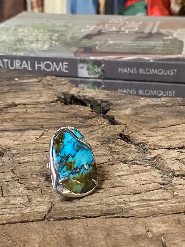 Kingman Turquoise (Rare Stone) Sterling Silver w/Diamond Accent Ring sold by Cave and Post