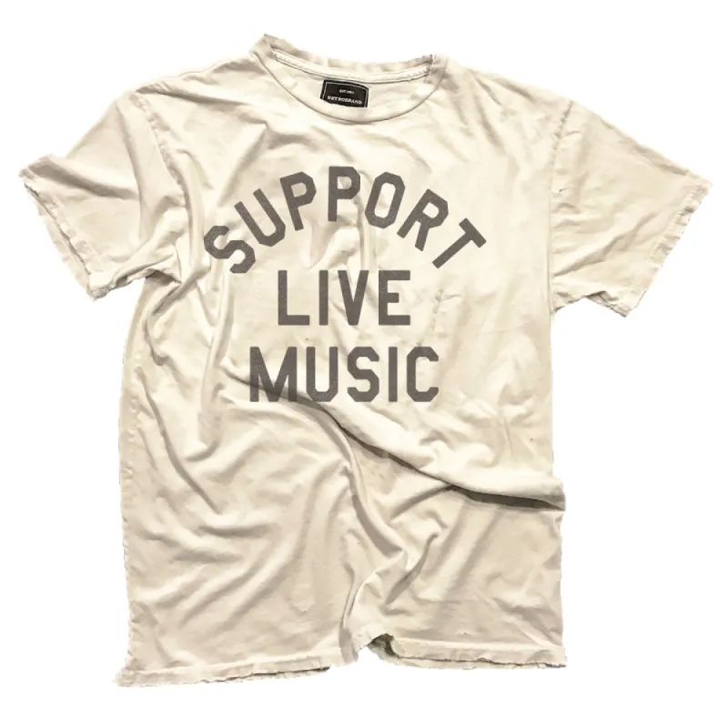 Support Live Music Antique White Black Label Tee sold by Cave and Post