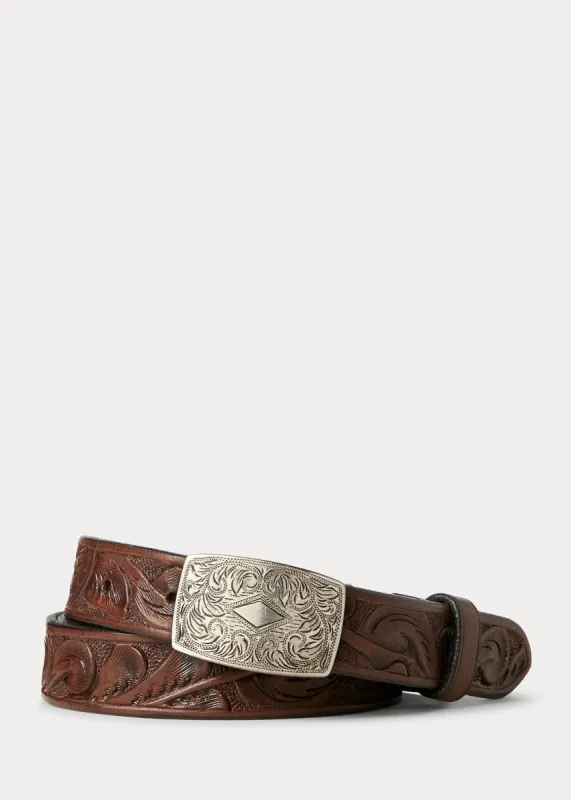 RRL Hand-Tooled Leather Belt sold by Cave and Post