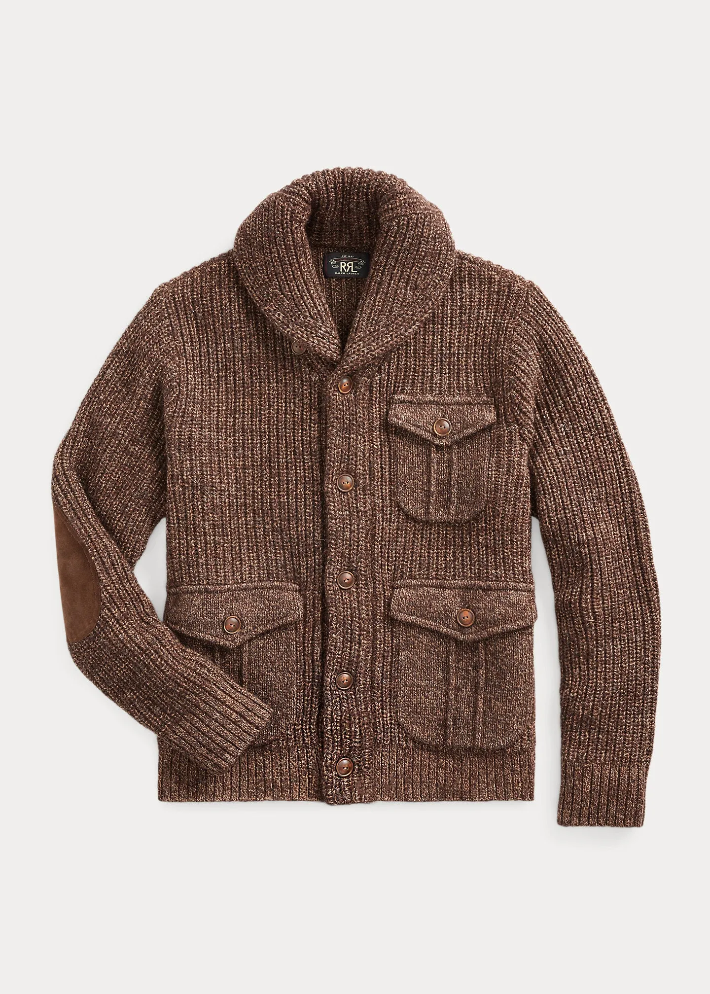 RRL Suede-Trim Marled Shawl Cardigan sold by Cave and Post