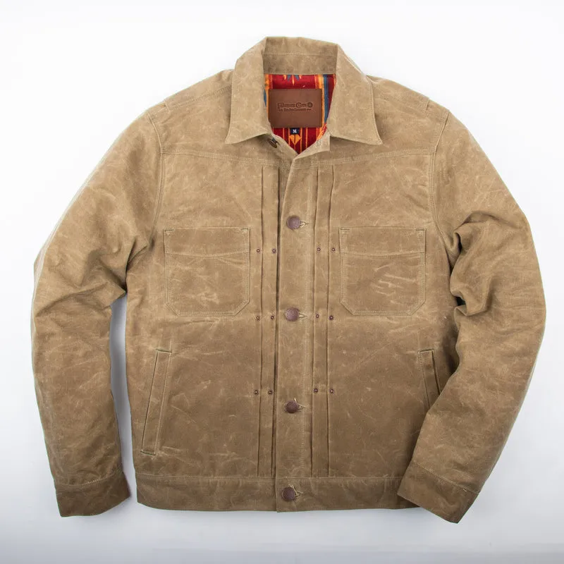 RIDERS JACKET WAXED CANVAS TOBACCO WITH TUMBLEWEED RED INTERIOR sold by Cave and Post