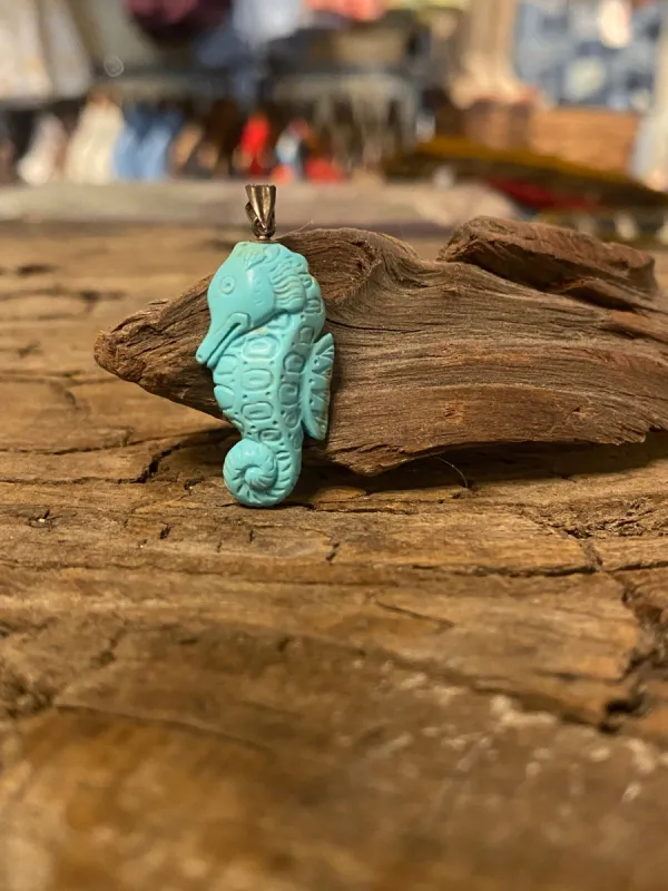 Chilean Turquoise Carved Seahorse Pendant sold by Cave and Post