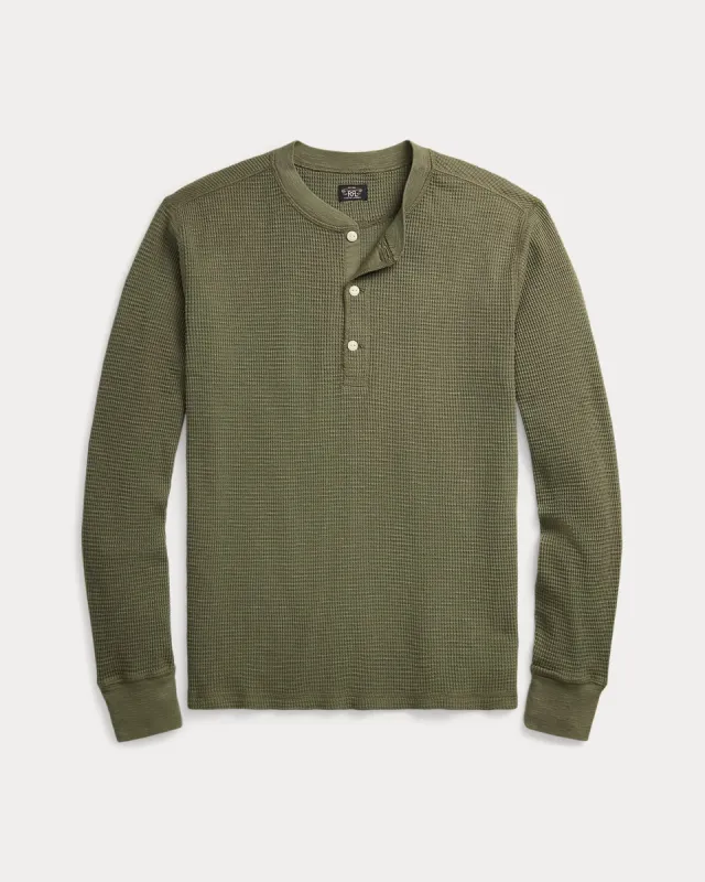 RRL Garment-Dyed Waffle-Knit Henley Shirt sold by Cave and Post