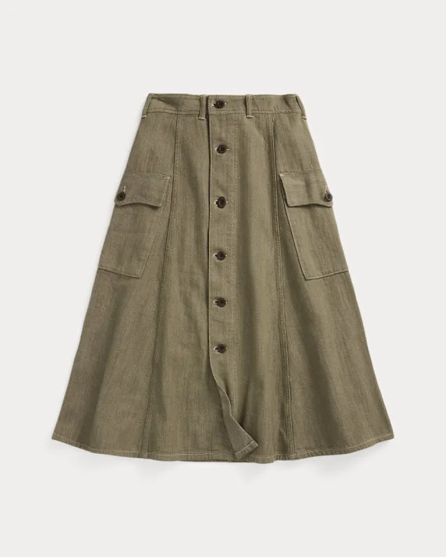 RRL Olive Slub Denim Skirt sold by Cave and Post