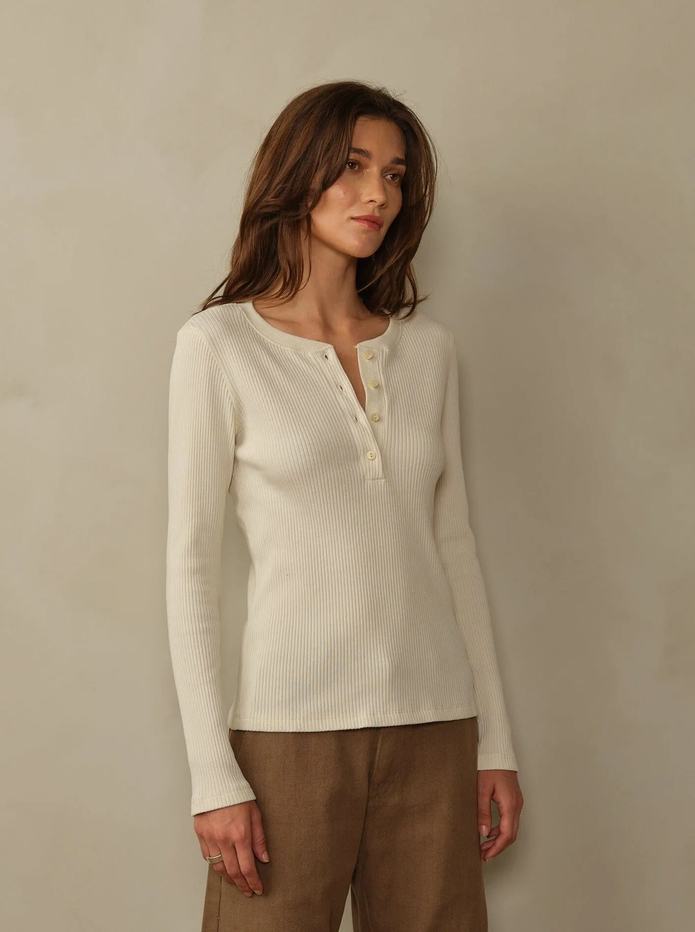 Women's Tasman Ribbed Henley - Stone sold by Cave and Post