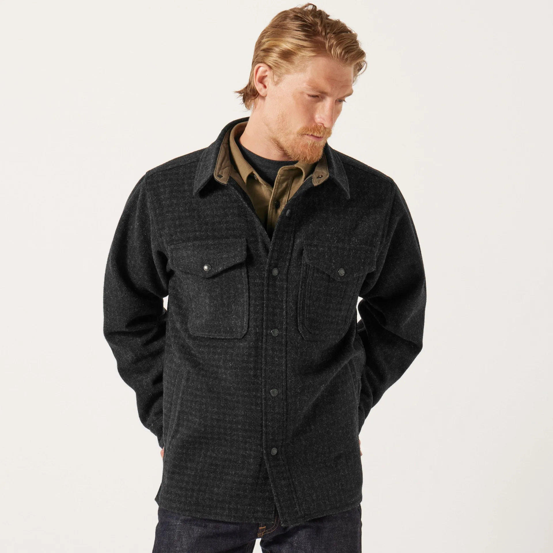 LINED MACKINAW WOOL JAC-SHIRT - Black Marl / Heather Check sold by Cave and Post