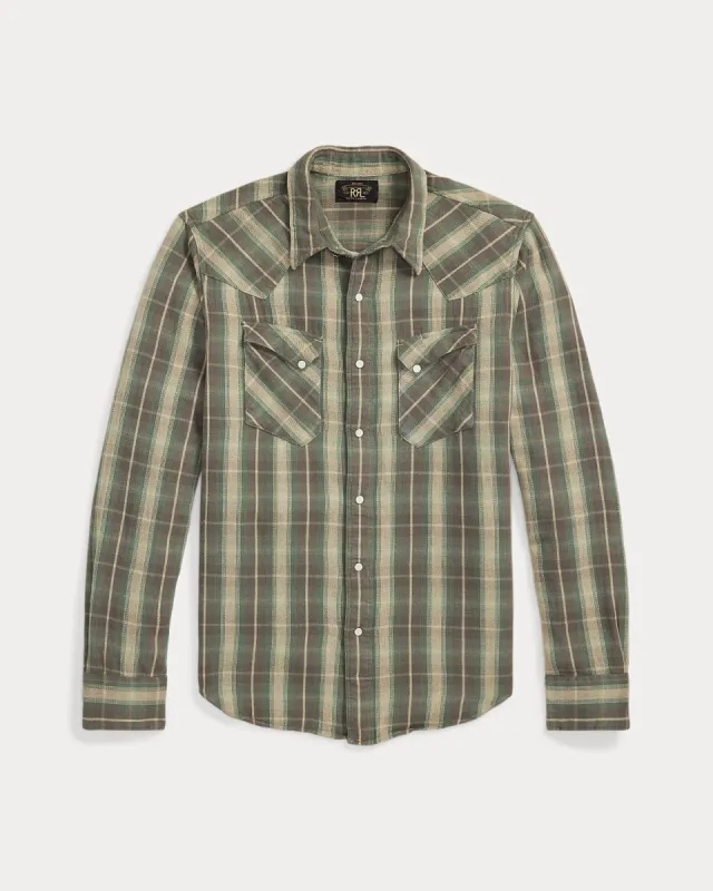 RRL Slim Fit Plaid Twill Western Shirt sold by Cave and Post