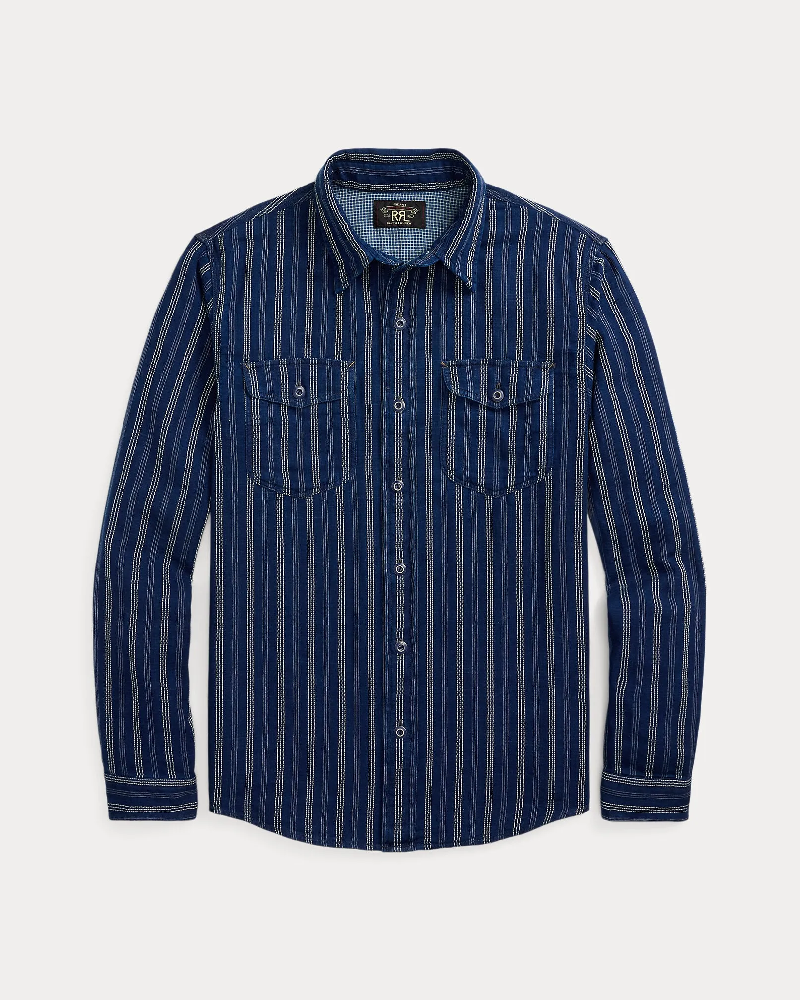 RRL Indigo Striped Double-Faced Workshirt sold by Cave and Post