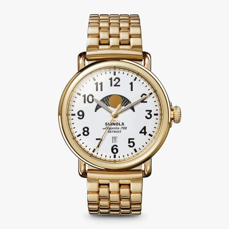 The Runwell 41mm Moon Phase-Gold Bracelet made by Shinola