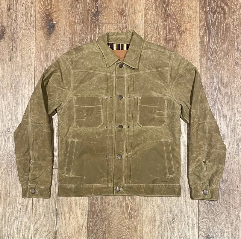RIDERS JACKET WAXED CANVAS OLIVE TOBACCO WITH TUMBLEWEED PURPLE INTERIOR sold by Cave and Post