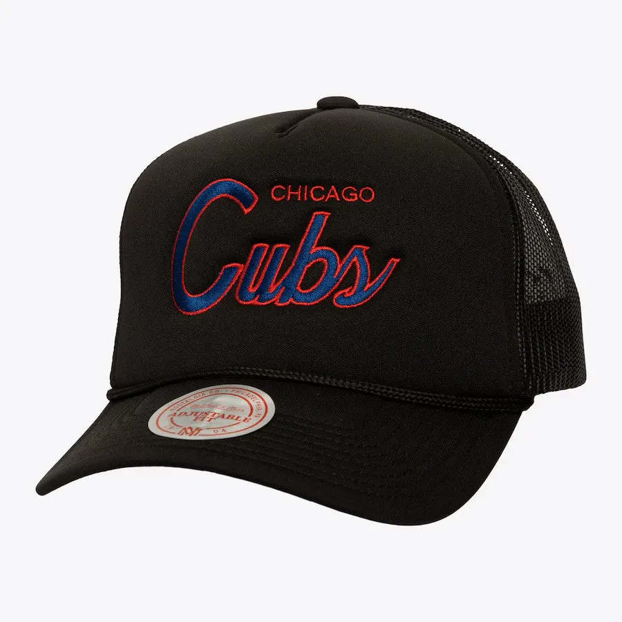 Mitchell & Ness Black Chicago Cubs Script Trucker Adjustable Hat sold by Cave and Post