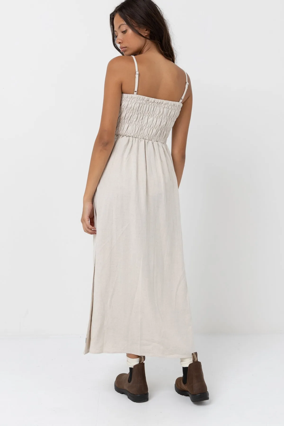 Classic Shirred Midi Dress in Oat sold by Cave and Post product image thumbnail 3