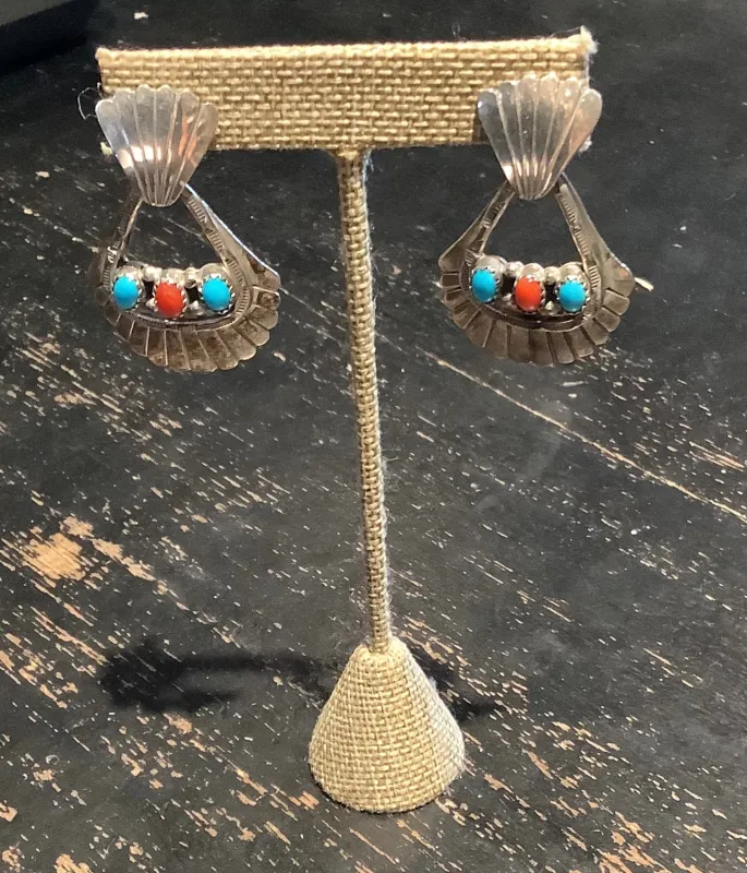 Vintage Sterling Silver Turquoise and Coral Earrings sold by Cave and Post