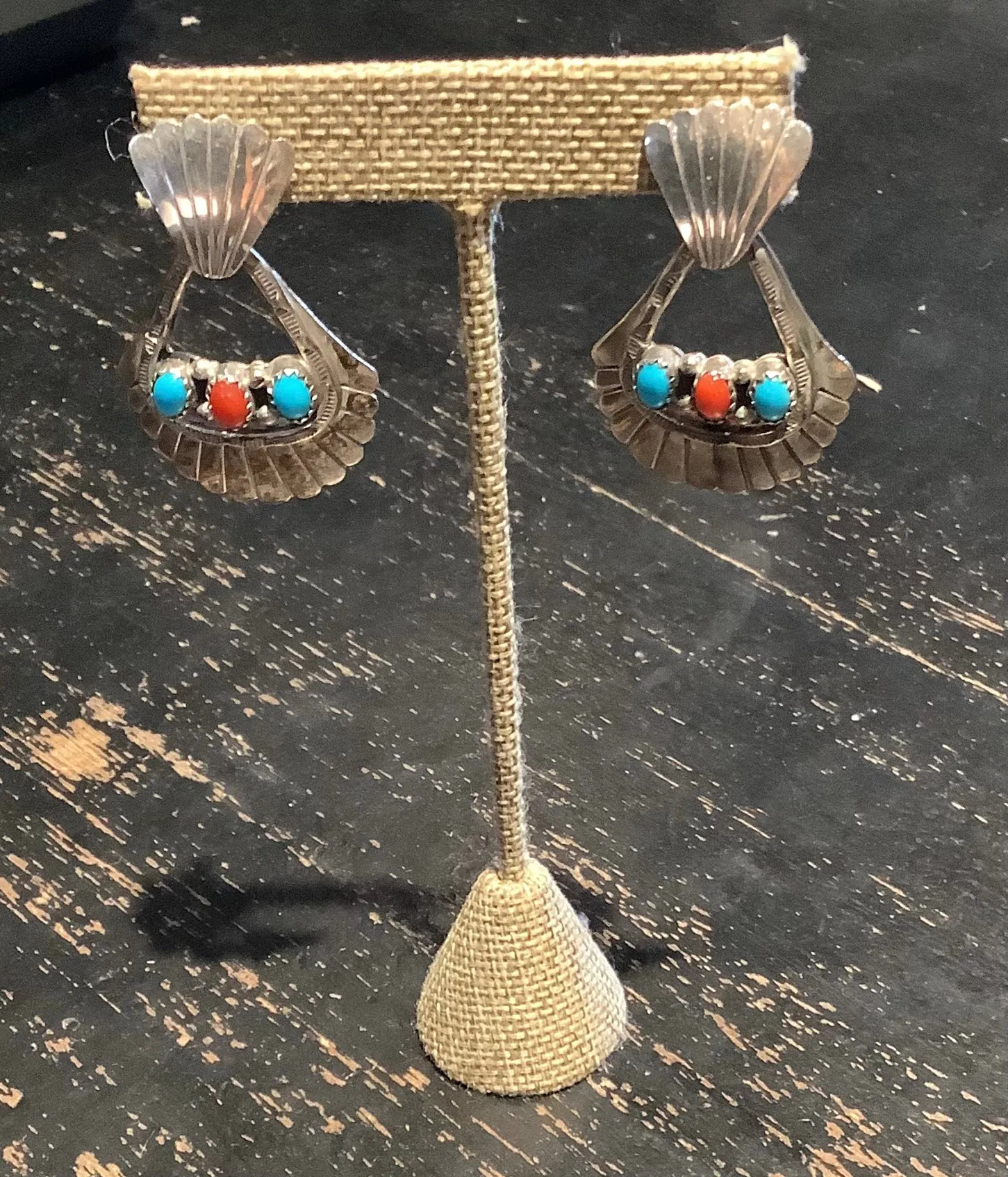 Vintage Sterling Silver Turquoise and Coral Earrings sold by Cave and Post